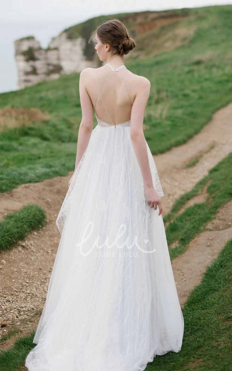 A-Line Tulle Dress with Appliques and High Neck Unique Wedding Gown