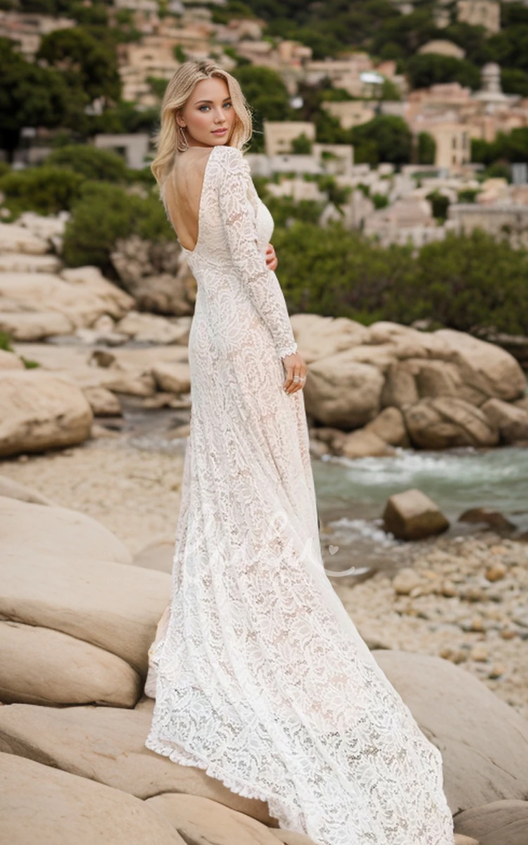 Modest Bohemian Boat Long Sleeve Sexy Open Back Lace Train Wedding Dress