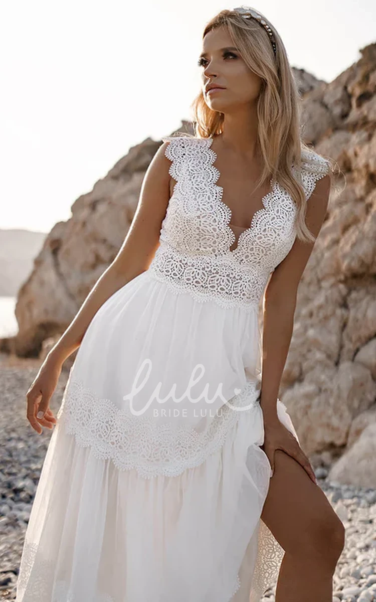 Modest A-Line Straps V-neck Tulle Beach Wedding Dress with Deep-V Back And Split Front