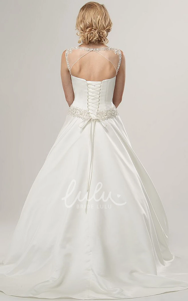 Satin Scoop-Neck Wedding Dress with Beaded Sleeveless A-Line Design Elegant and Modern