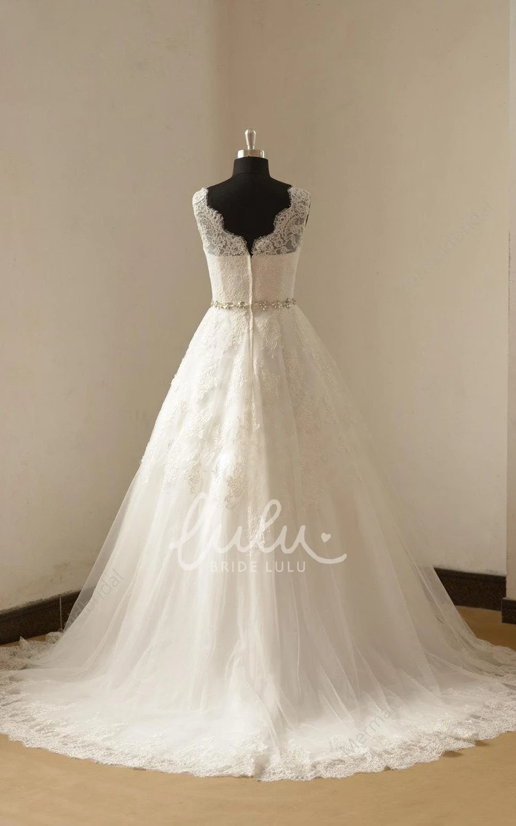 A-Line Lace Wedding Dress with Beaded Sash Train and Sleeveless Design