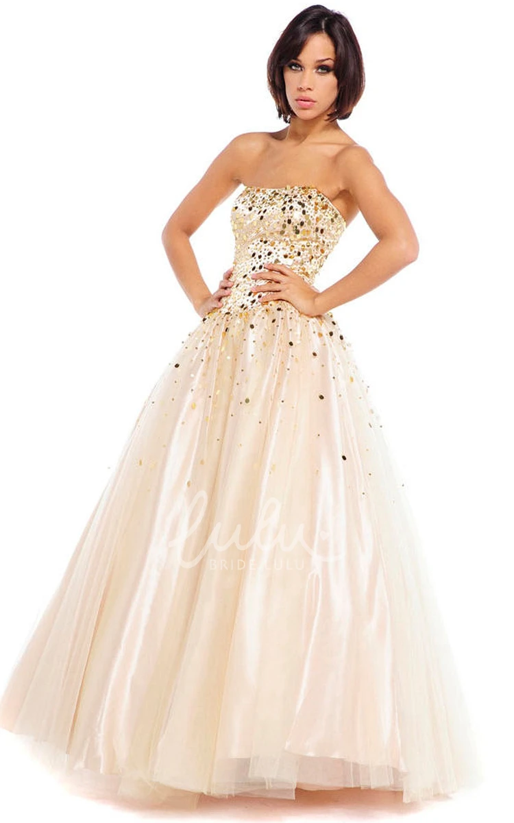 Beaded A-Line Strapless Satin Prom Dress with Lace-Up Back and Bow Floor Length