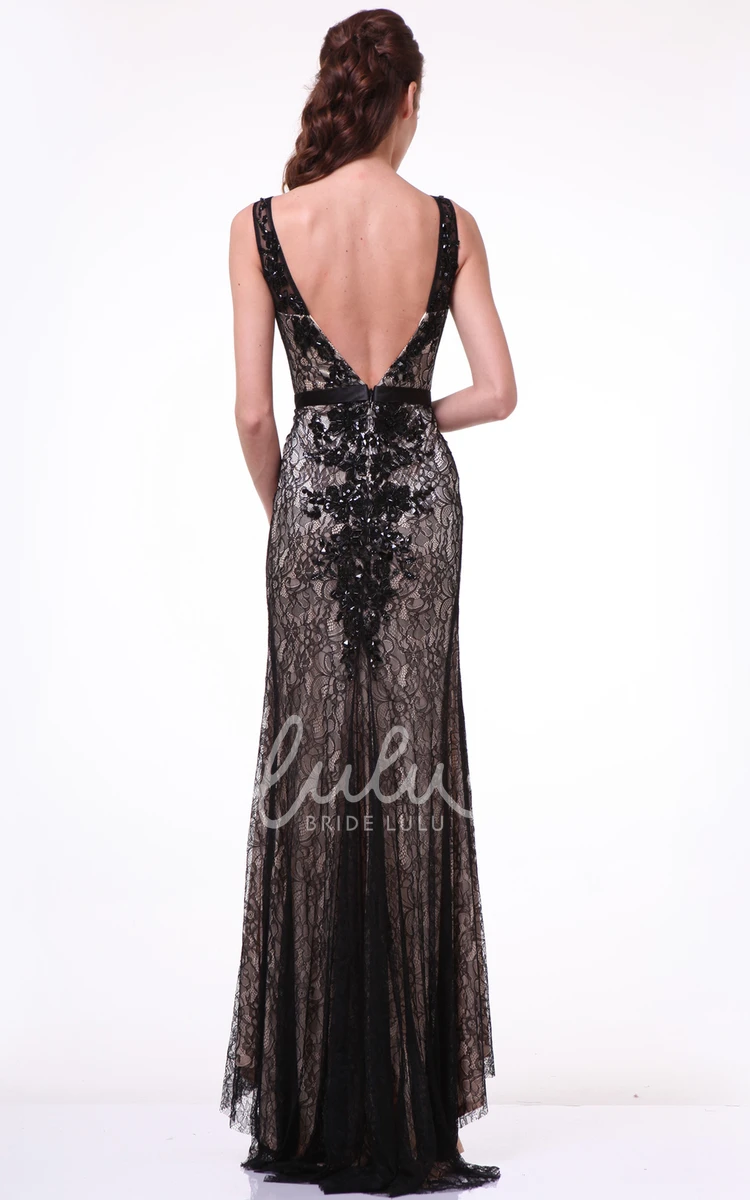 Lace Sleeveless Sheath Formal Dress with Deep-V Back and Pleats