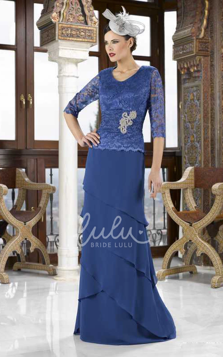 Lace V-Neck Chiffon Mother Of The Bride Dress With Tiers Half Sleeve Floor-Length Elegant