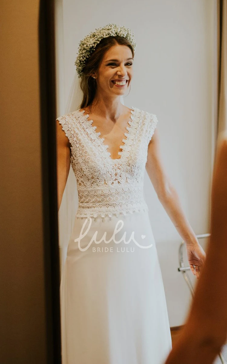 Bohemian Lace A-Line Wedding Dress with Brush Train and Low V-Back