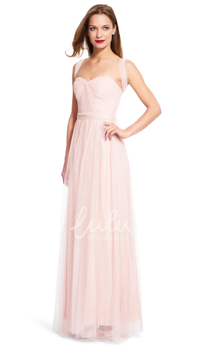 Sleeveless Tulle Sheath Bridesmaid Dress Maxi Style with Straps and Ruching