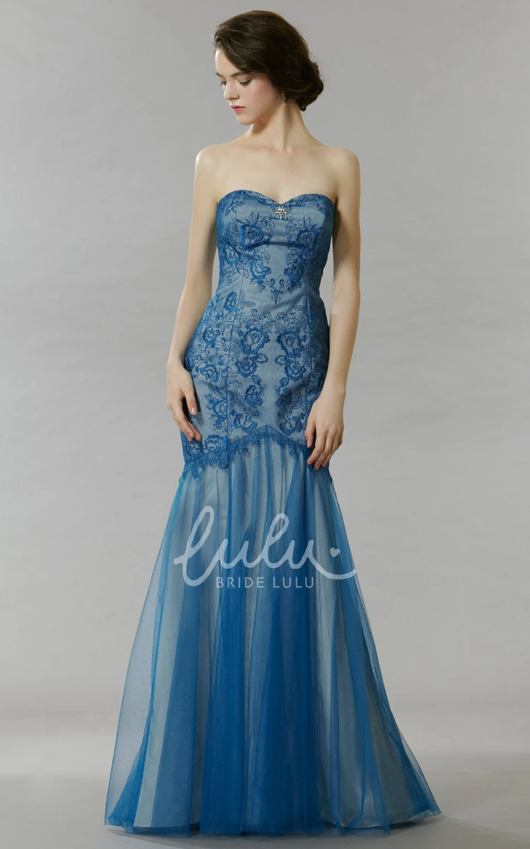 Long Lace&Tulle Prom Dress with Backless Style Trumpet Sweetheart Sleeveless Dress