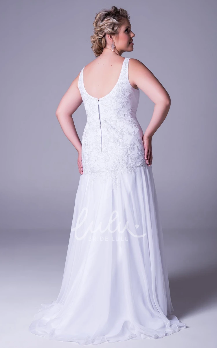 Sleeveless Chiffon Plus Size Wedding Dress with V-Neck Pleats Appliques and V-Back