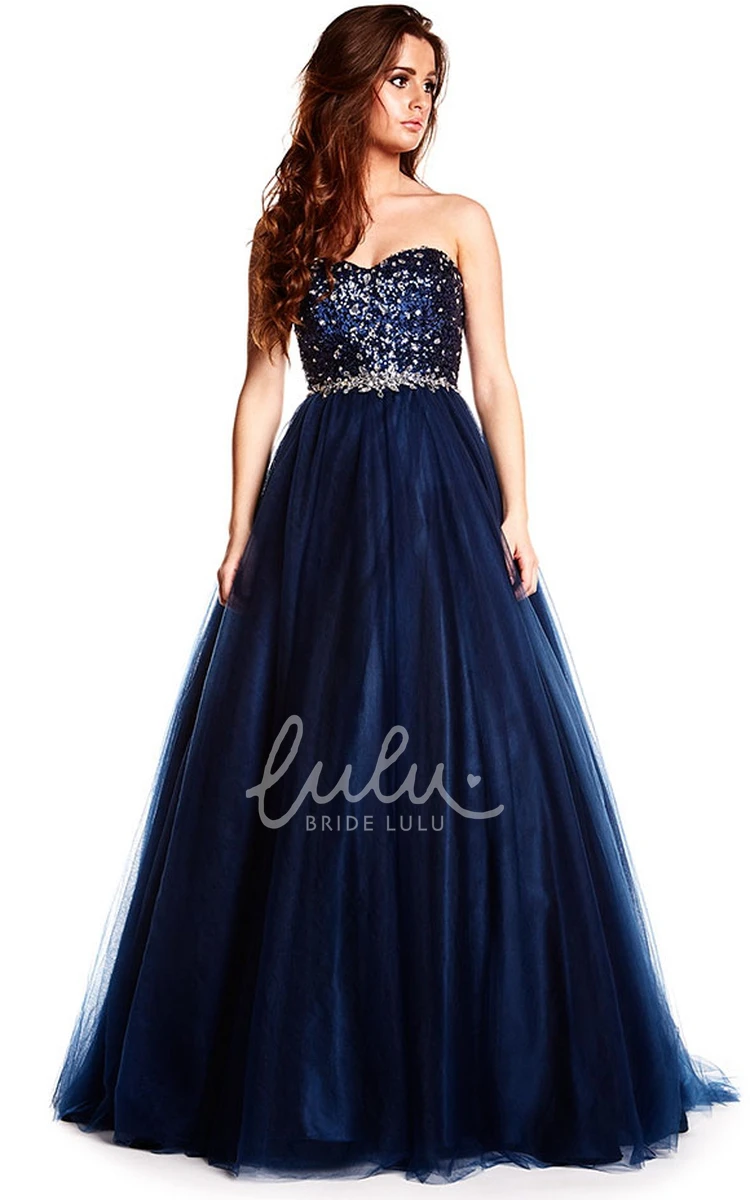 Floor-Length Beaded Tulle Prom Dress with Sweetheart Neckline and Waist Jewelry