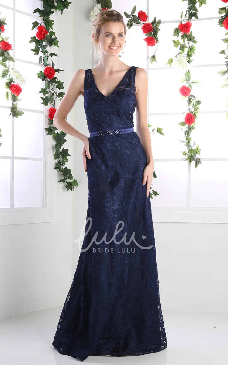 Short Sleeveless V-Neck Sheath Formal Dress with Beading and Lace