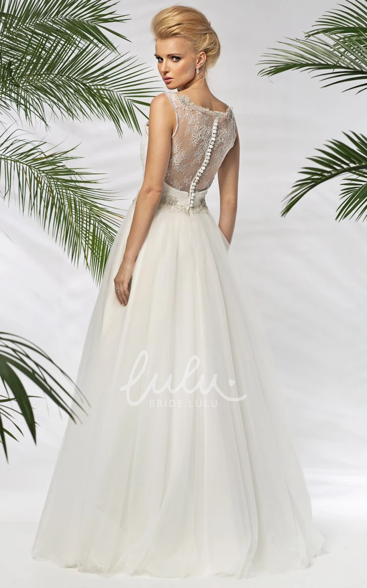 Beaded A-Line Tulle&Satin Wedding Dress Sleeveless Bateau-Neck Long