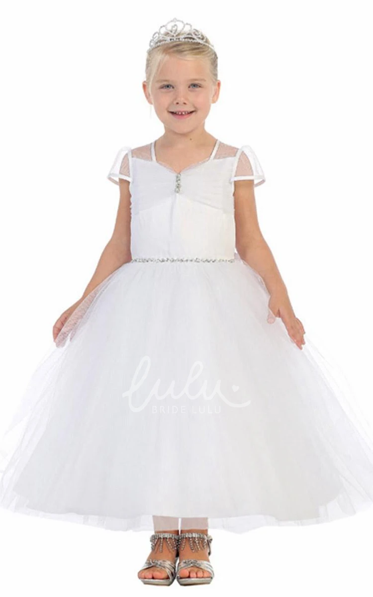 Ruched Tulle Ankle-Length Flower Girl Dress with Illusion and Sash