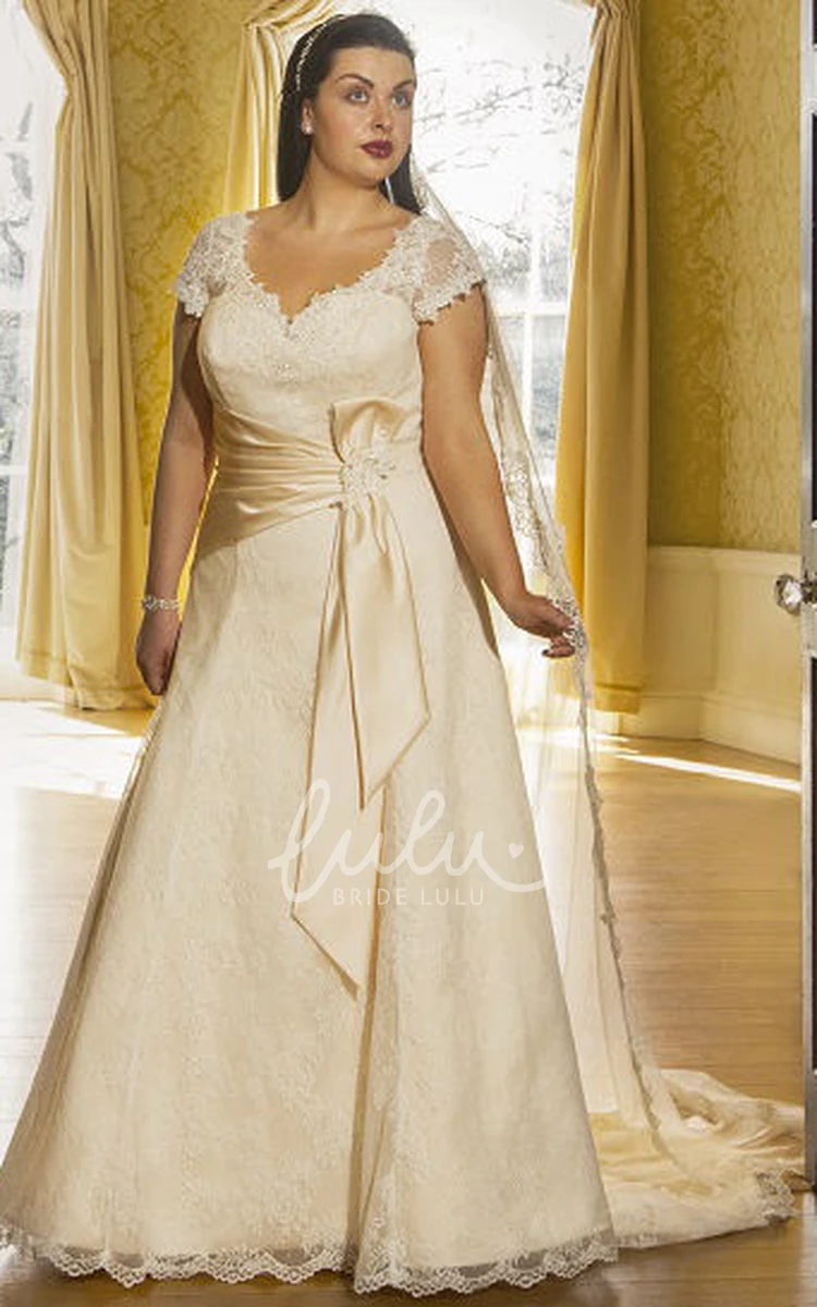 Lace Cap Sleeve Wedding Dress with Satin Sash and Lace-Up Back