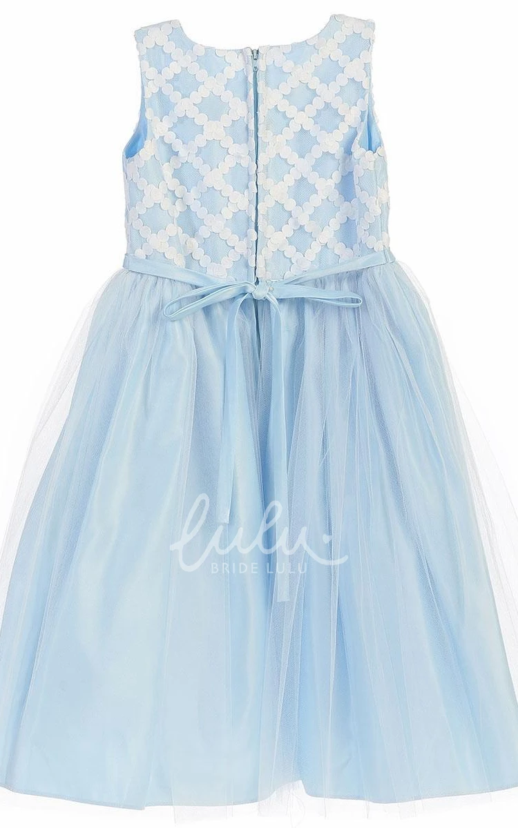 Sleeveless Tea-Length Tulle and Satin Flower Girl Dress with Bow