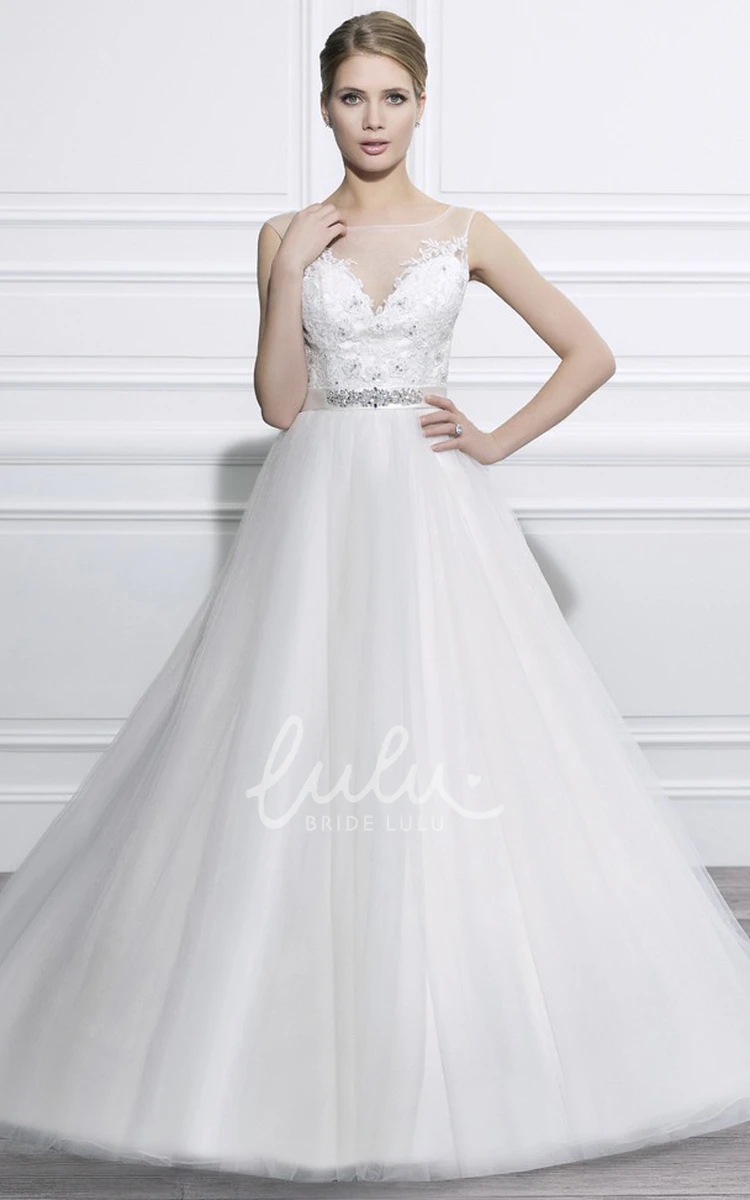 Sleeveless Appliqued Tulle Wedding Dress with Illusion Back and Waist Jewelry Ball Gown Style