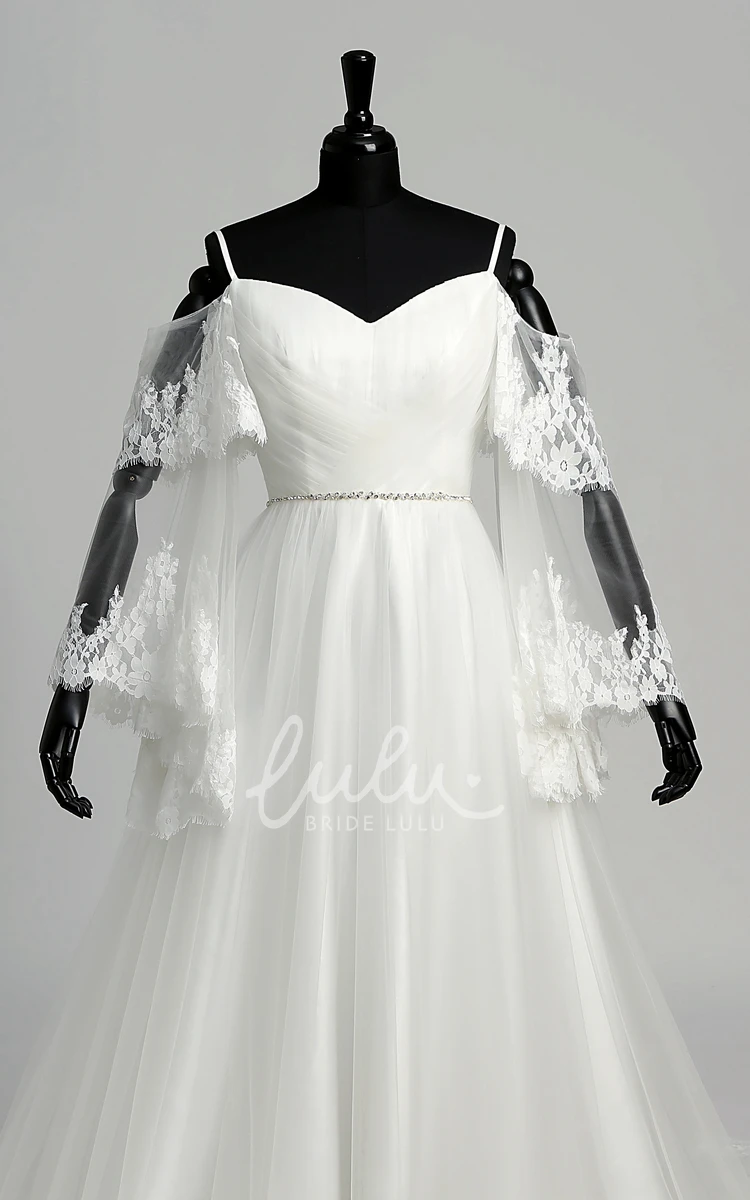 Tulle A-line Wedding Dress with Off-the-shoulder Neckline Spaghetti Straps Bell Sleeves and Illusion Details