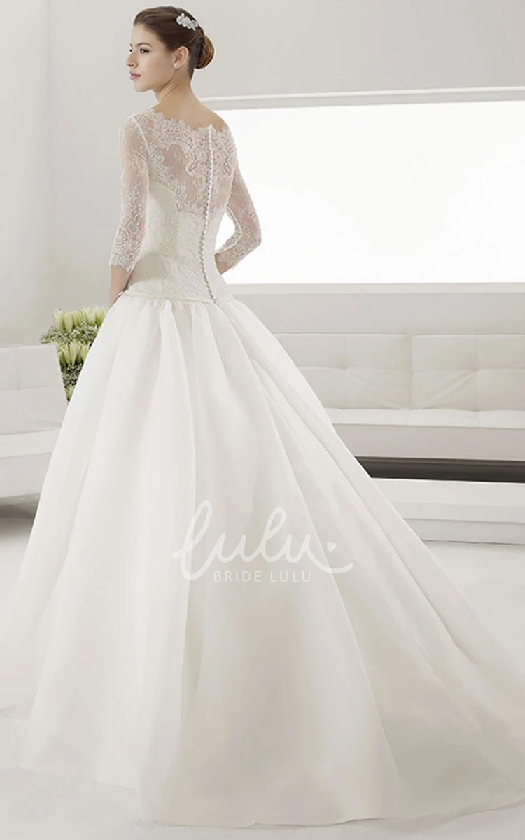 Bateau Ball Gown with Illusion Neckline Sash and 3-4 Sleeves