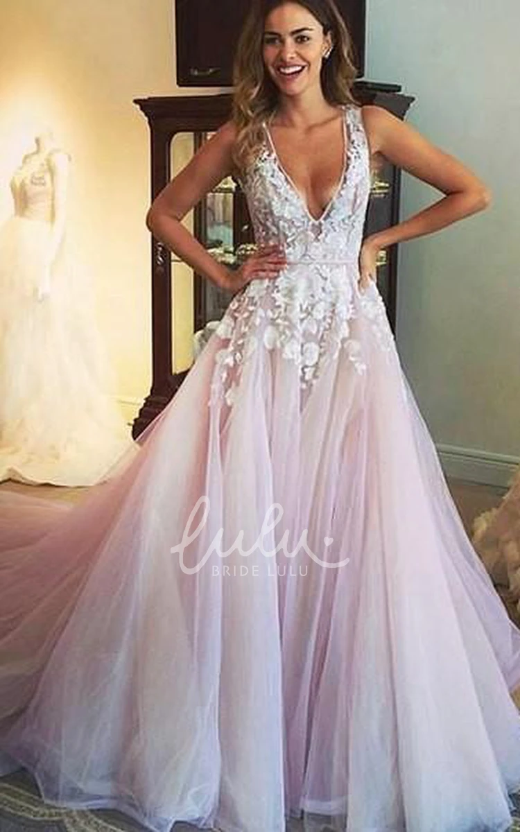 V-Neck Tulle Formal Dress with Appliques Sexy and Sleeveless