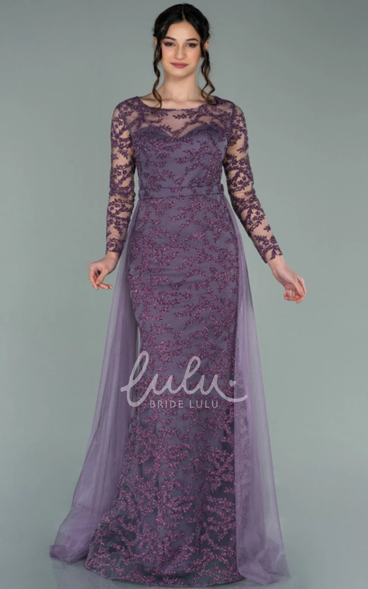 Bateau Lace Tulle Evening Dress with Removable Skirt and Long Sleeves