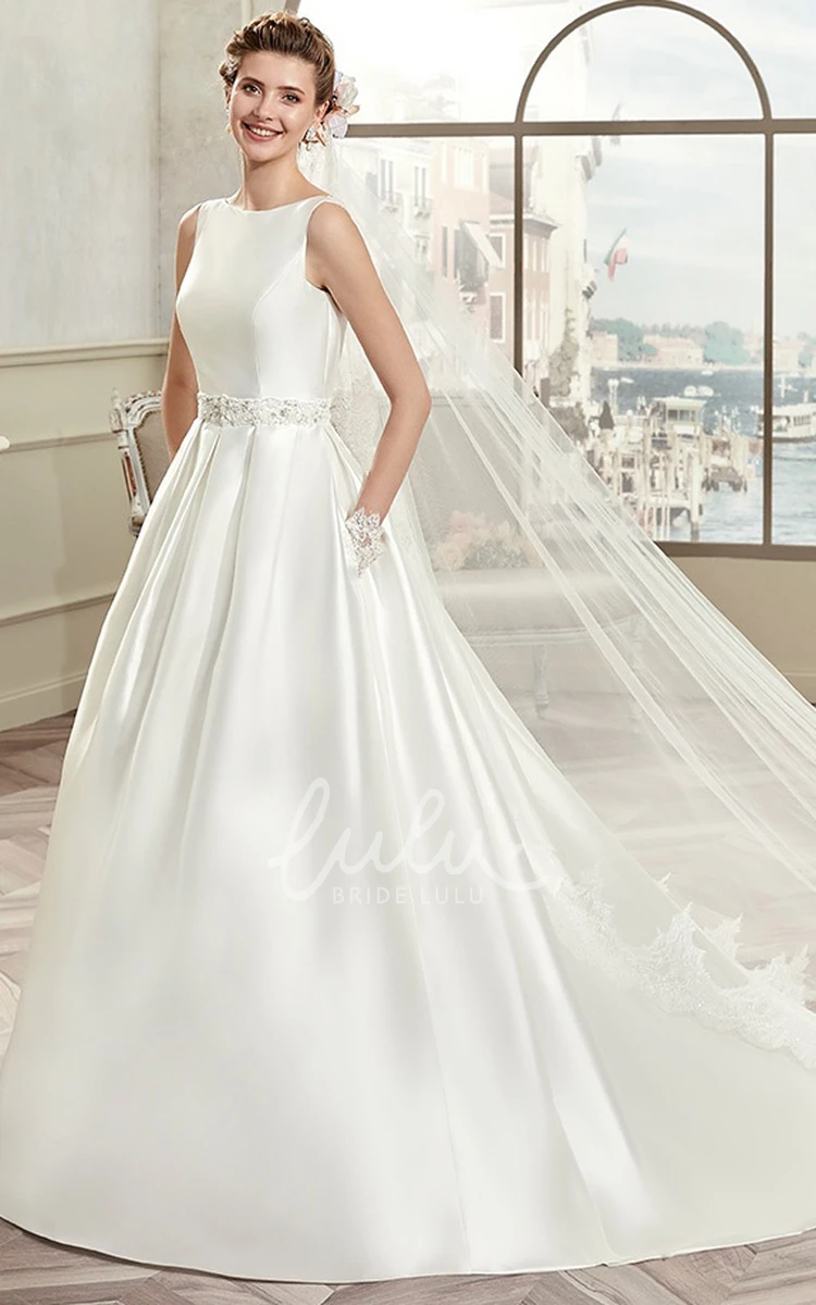 Satin A-Line Wedding Dress with Jewel-Neck and Illusive Lace Back Cap Sleeves