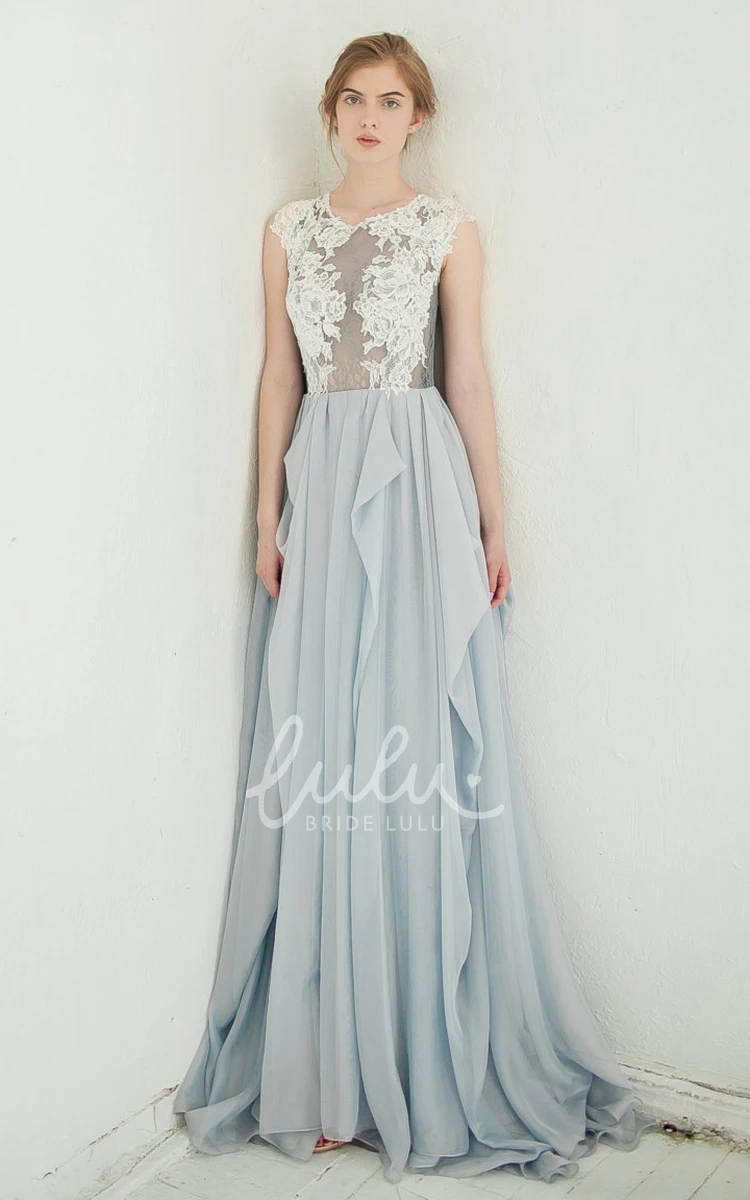 A-Line Chiffon Draped Dress with Lace Applique Top Sleeveless Jewel Neckline