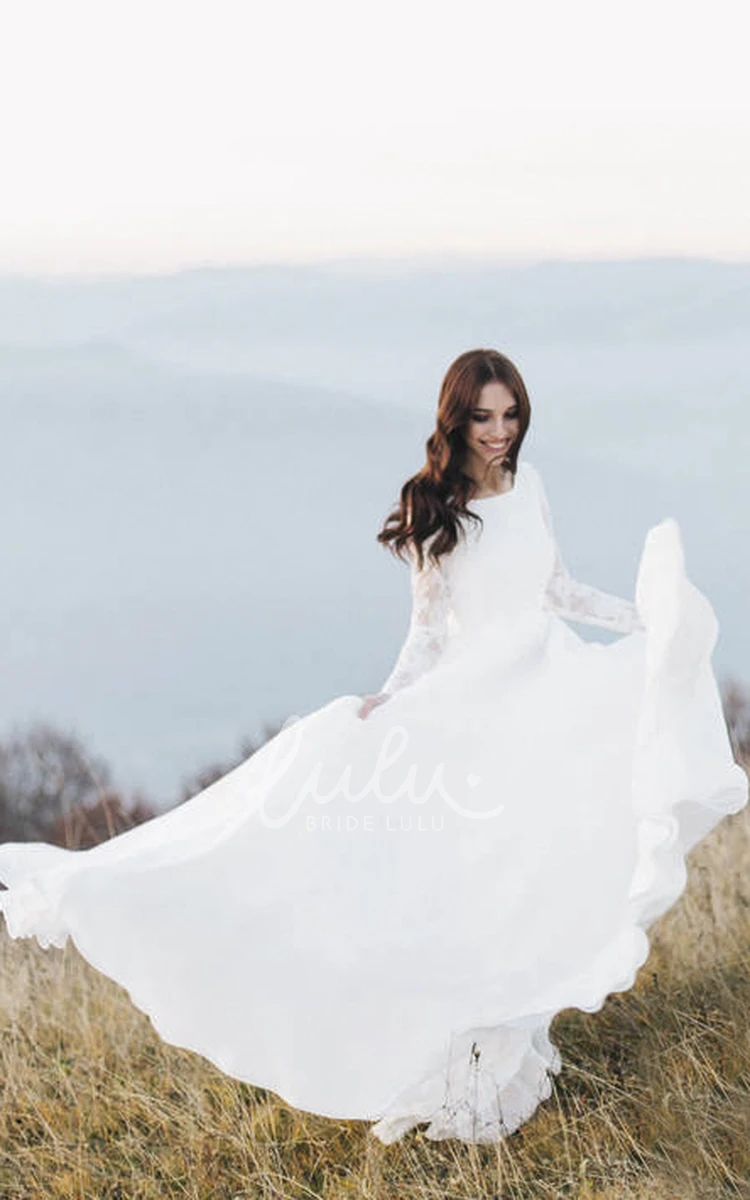 Long Sleeve Chiffon Wedding Dress with Court Train and Deep V-Back + Classic Bridal Gown