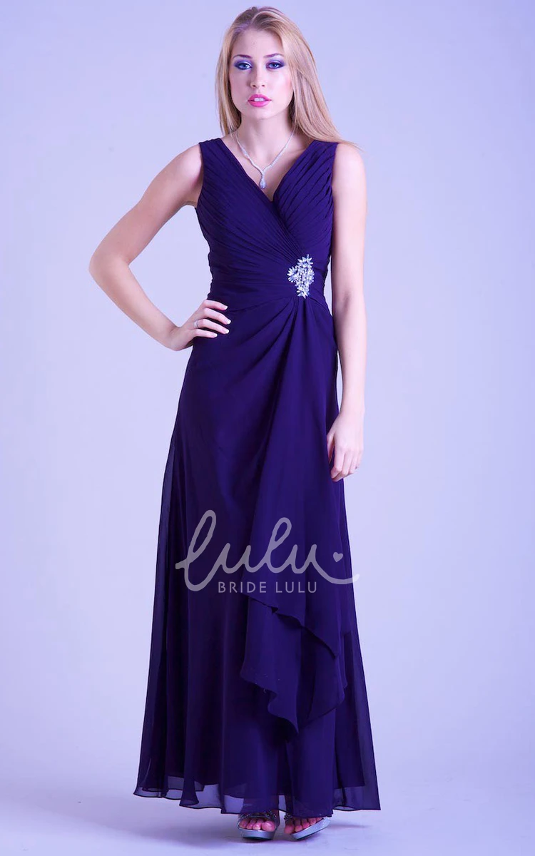 Sleeveless V-Neck Chiffon Prom Dress with Draping and Ruching A-Line Ankle-Length Dress