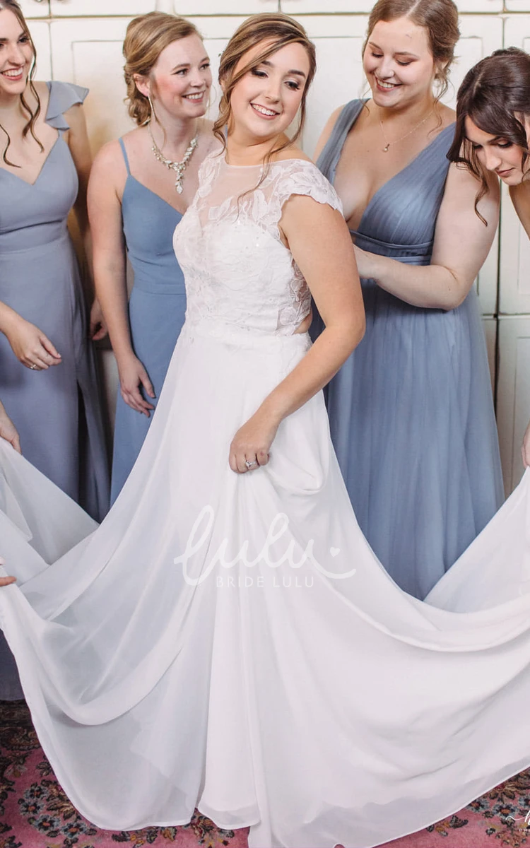 Chiffon Illusion Bateau A-Line Wedding Dress with Short Sleeves Adorable & Simple
