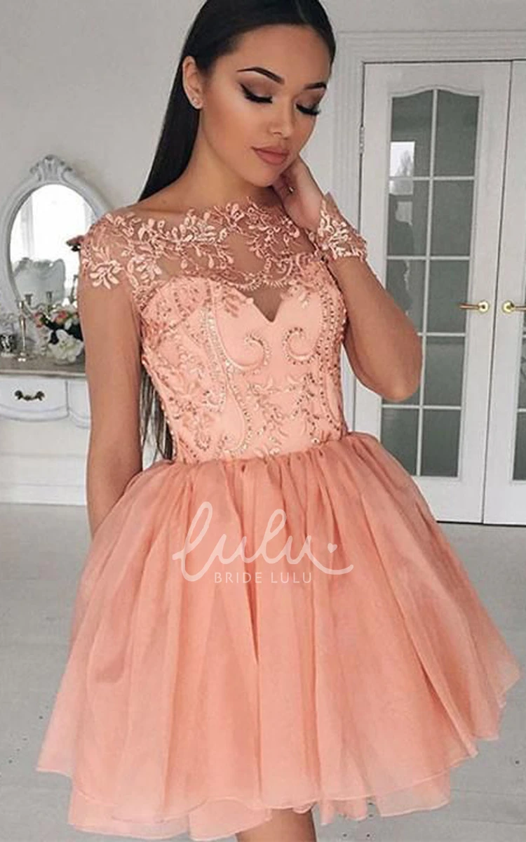 Pink Short Tulle Lace Jewel Neckline Homecoming Dress Vintage Formal Illusion Sleeve Prom Party Dress with Appliques