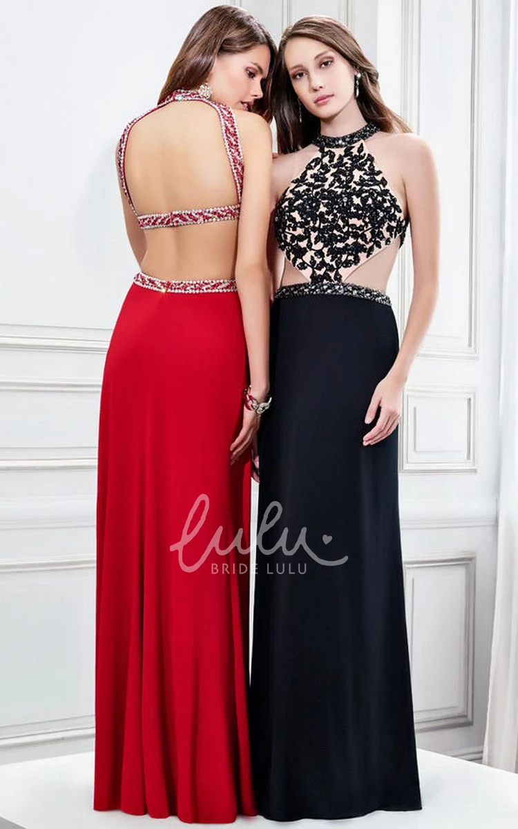 Maxi High Neck Beaded Jersey Sheath Prom Dress Sleeveless with Straps