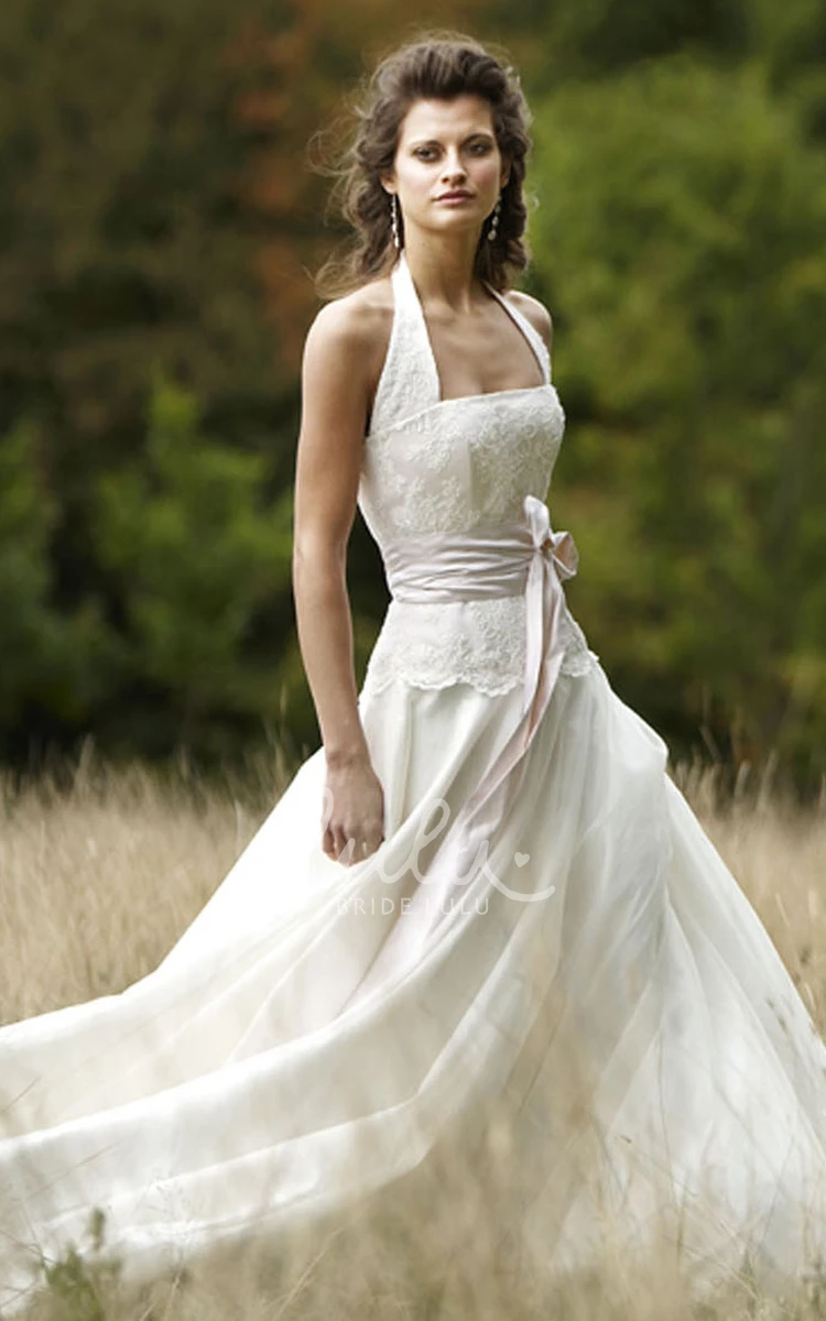 Halter Chiffon Wedding Dress with Sweep Train Maxi Appliqued Flowy