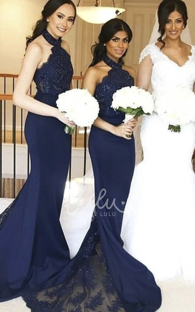 Lace Halter Mermaid Bridesmaid Dress with Train Sleeveless Jersey Applique