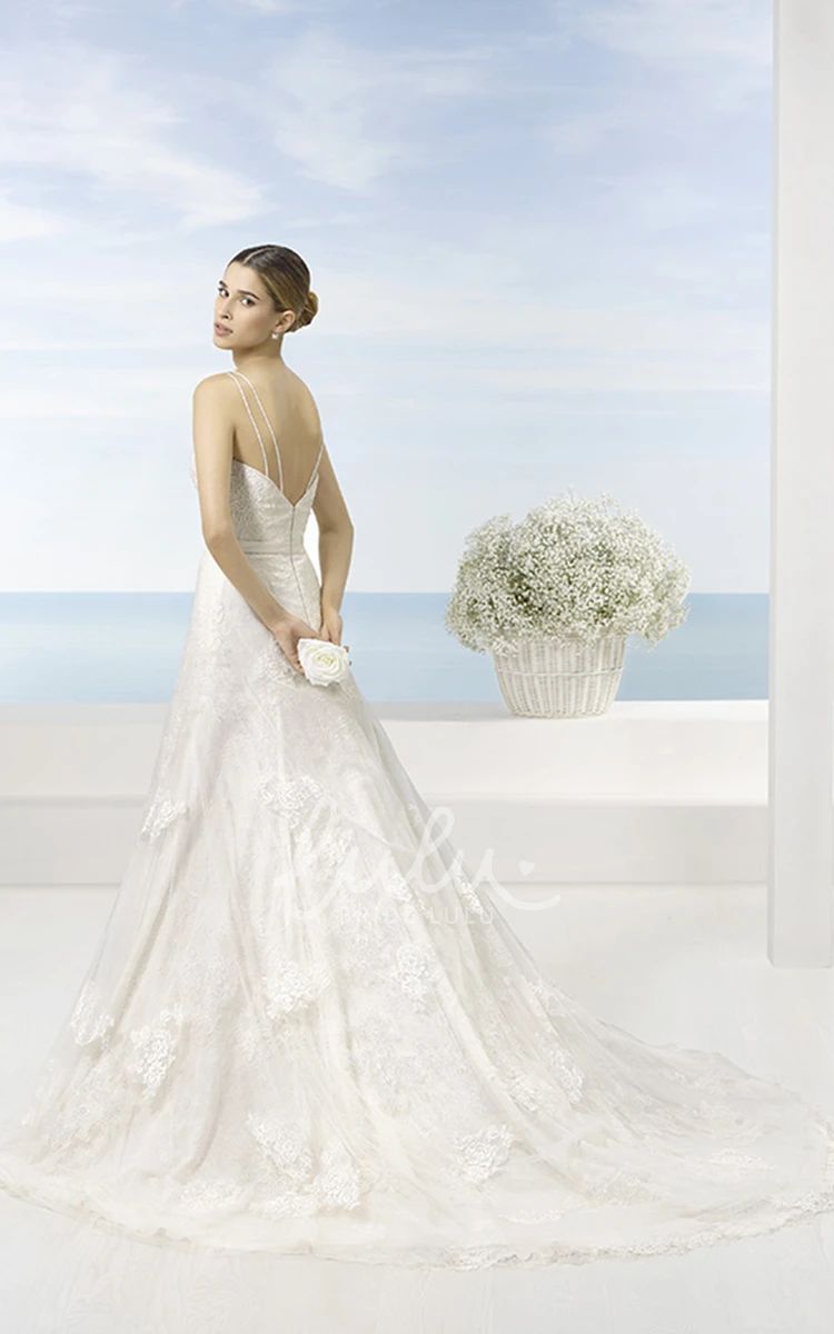 Sleeveless A-Line Lace Wedding Dress with Chapel Train and Low-V Back Modern Bridal Gown