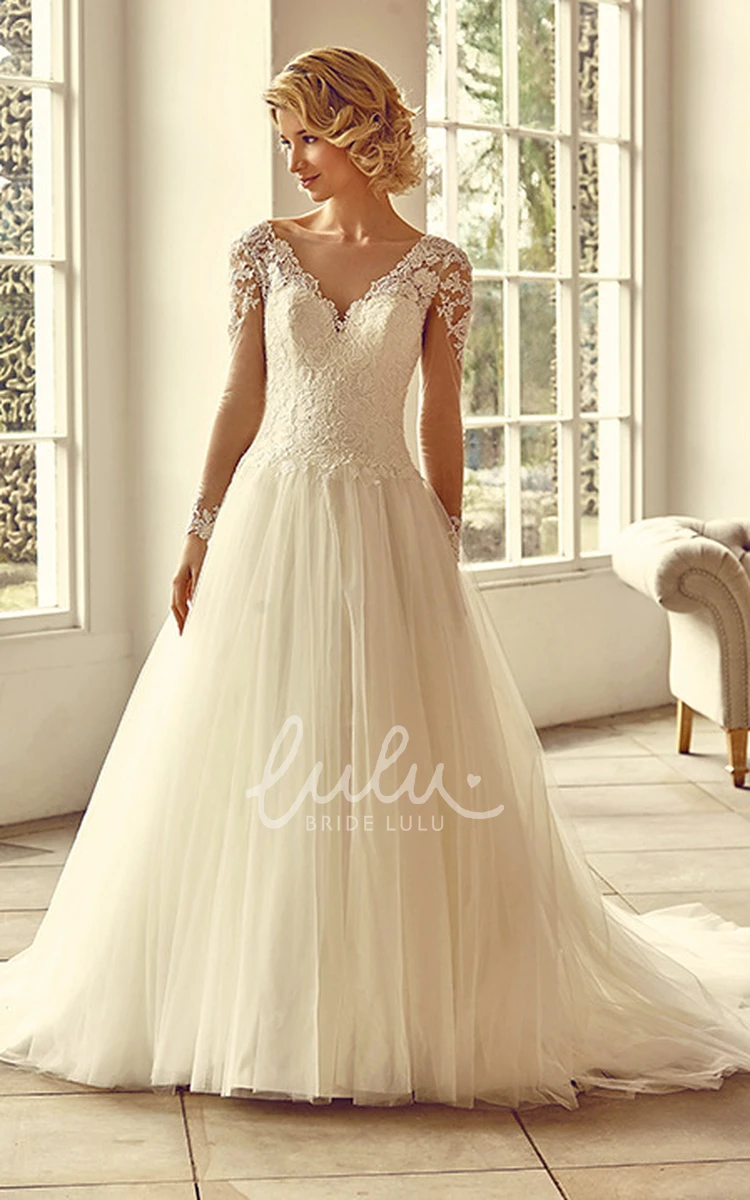 Tulle&Lace Cap-Sleeve V-Neck Wedding Dress Maxi Appliqued