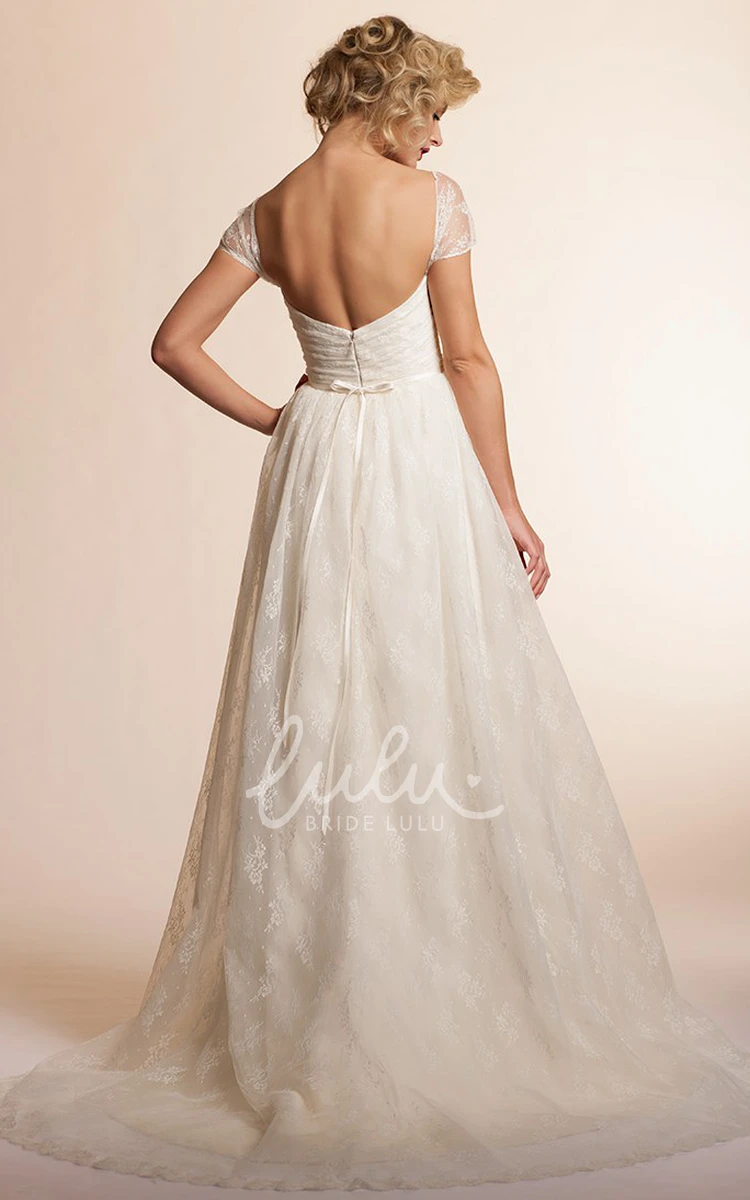 Cap-Sleeve Lace A-Line Wedding Dress with Ruching and Deep-V Back Classic Bridal Gown