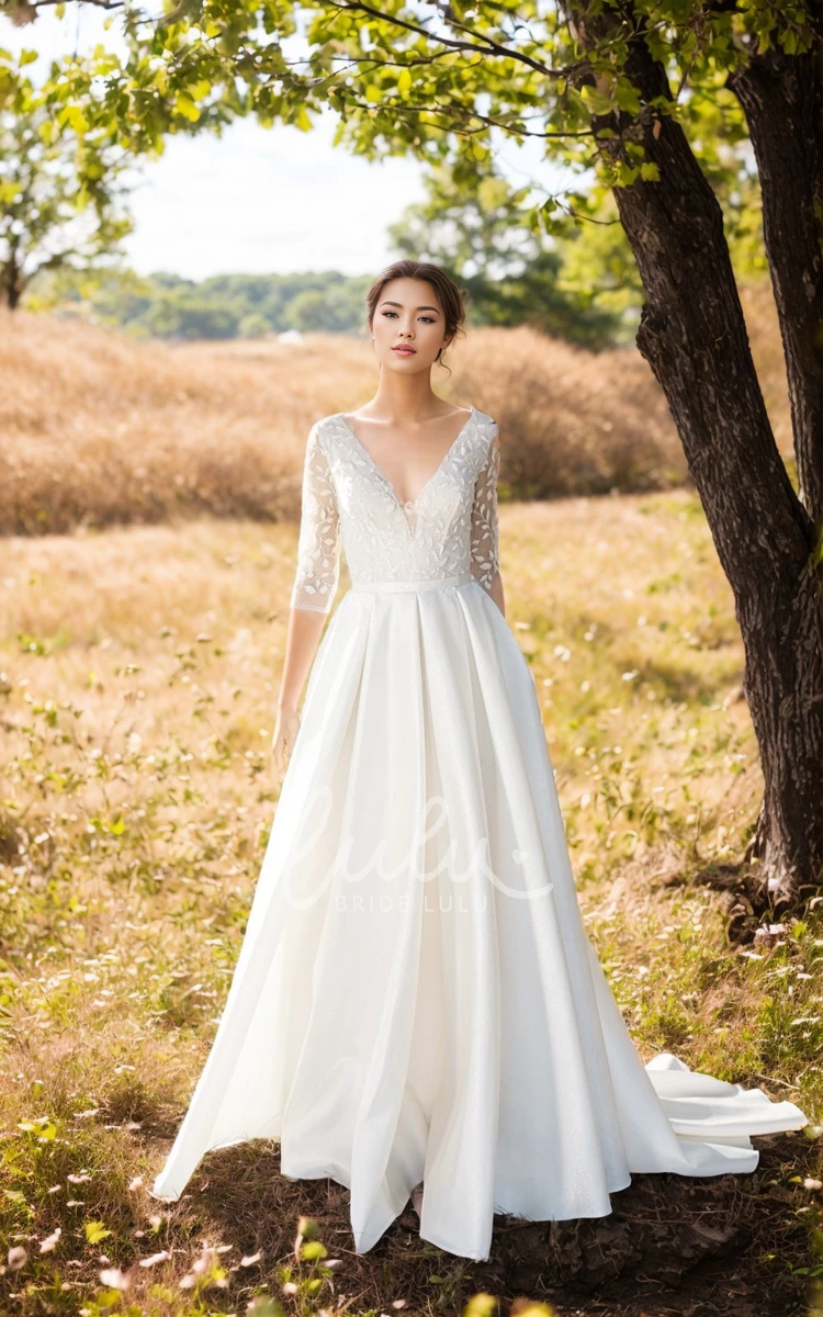 Elegant A-Line V-neck Appliques Wedding Dress 3/4 Length Sleeve Fall Autumn Gown
