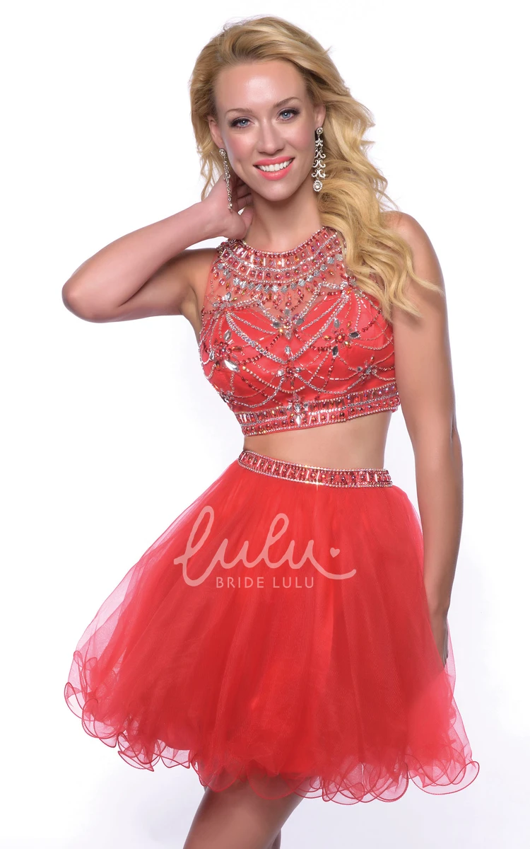 Glimmering Bodice Two-Piece Jewel Neck Sleeveless Short Tulle Homecoming Dress