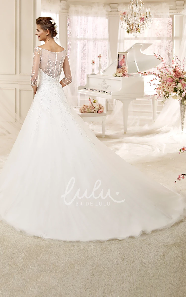 Illusive A-line Wedding Dress with Brush Train and Half Sleeves Modern Wedding Dress Women