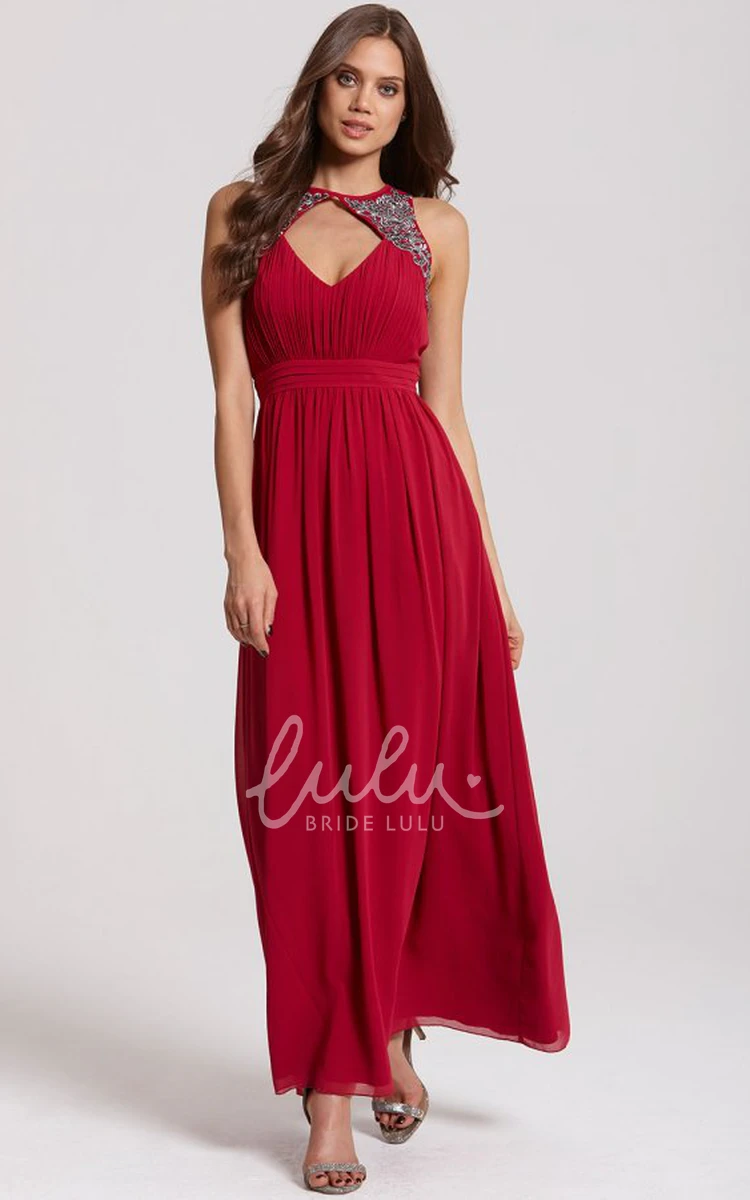 High Neck Ruched Chiffon Bridesmaid Dress with Straps Ankle-Length and Unique