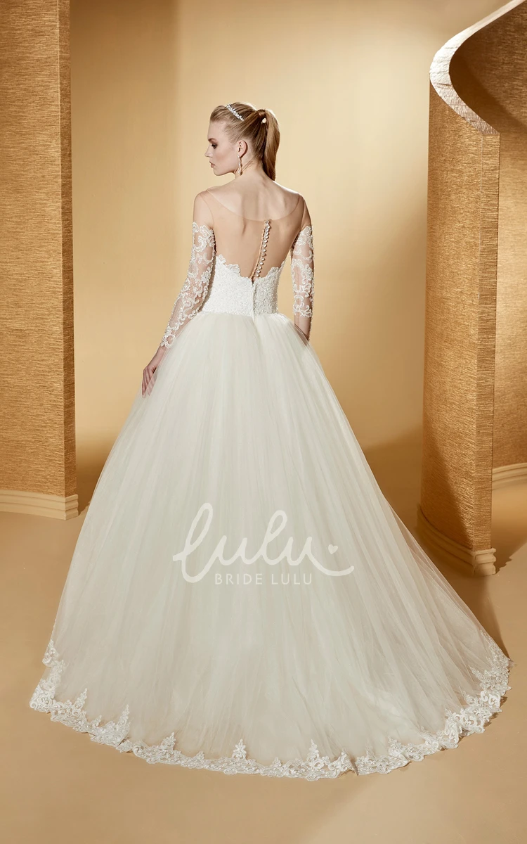 Long-Sleeve Lace Applique Bodice Ball Gown with Illusive Neckline Lovely and Classy