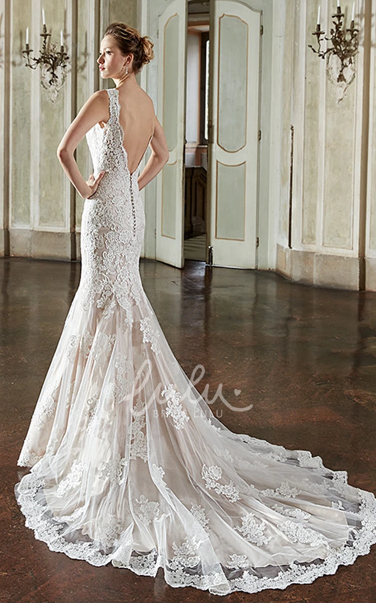 Long Sleeveless Lace Trumpet Wedding Dress with Appliques