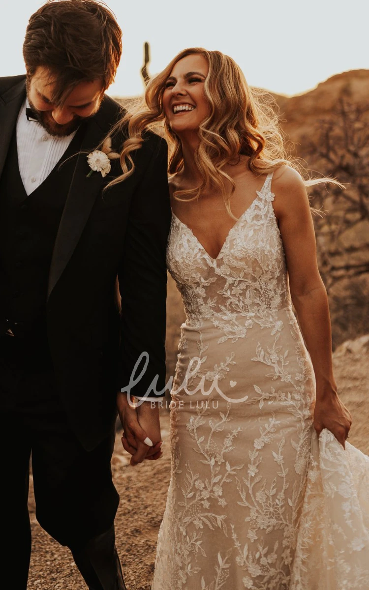 Lace Mermaid Wedding Dress with V-neck and Sweep Train Elegant Wedding Dress with Lace and Mermaid Silhouette