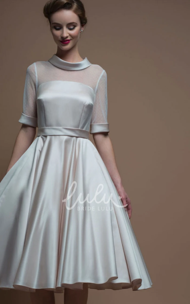 Illusion High Neck Sleeveless Tea-Length Satin Wedding Dress A-Line