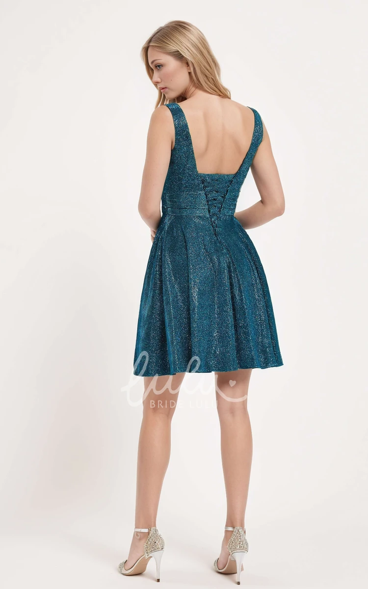 Cute Adorable Short Ink Blue A-Line Glitter Homecoming Dress Ruched Waistline V-Neck Lace-Up Back Mini Junior Prom Dress