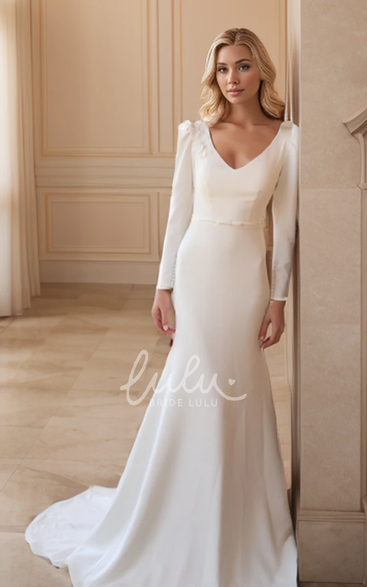 Mermaid Long Sleeve Elegant Scalloped Neckline Satin Solid Belt Back Low-V Trailing Bridal Gown