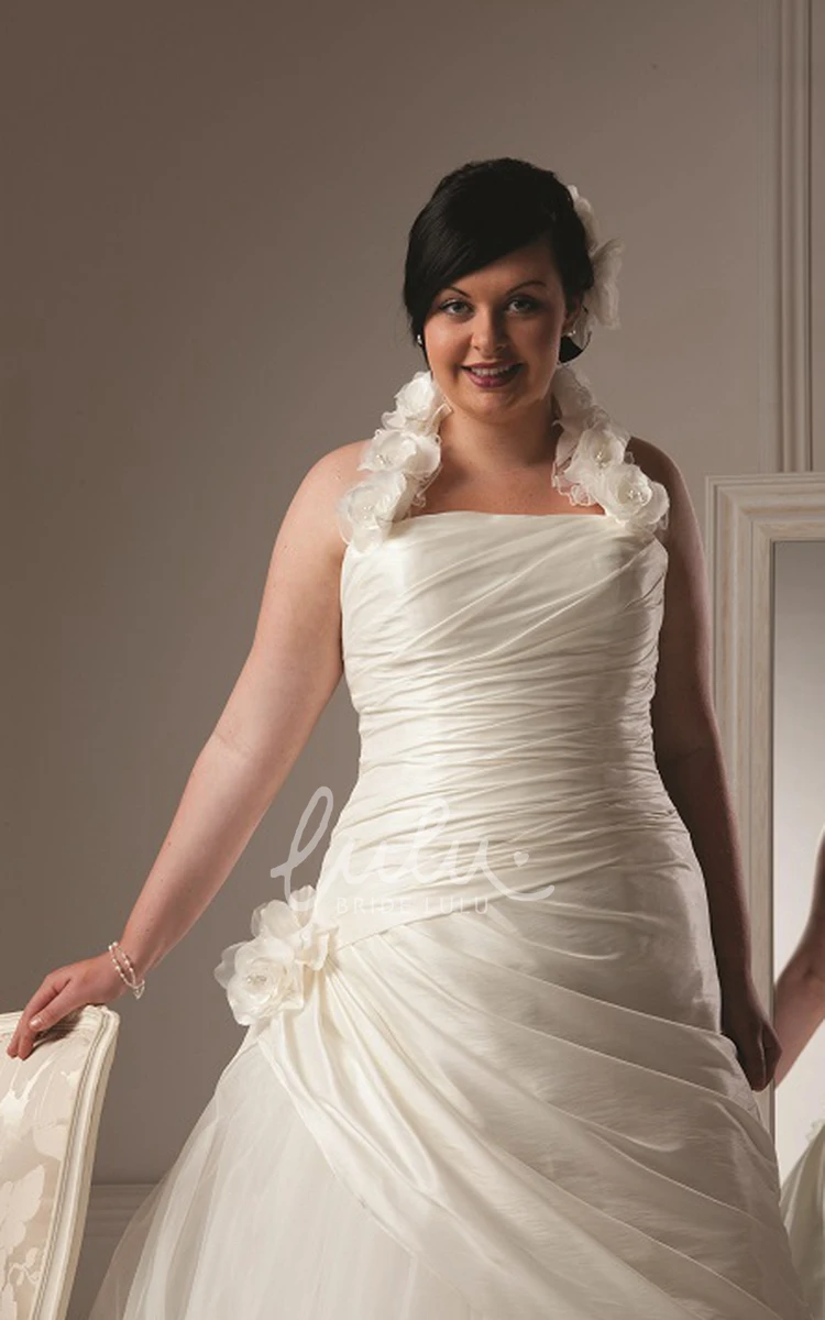 Halter Floral Taffeta Bridal Dress with Tulle Skirt and Lace-Up