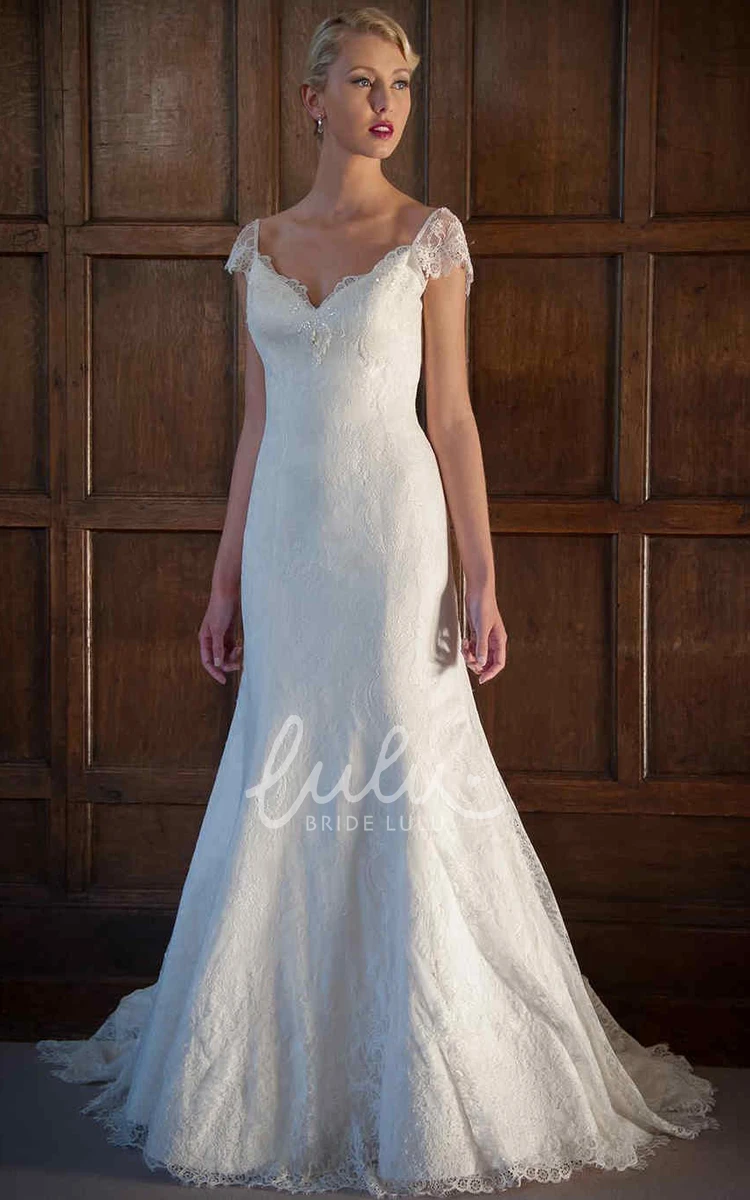 V-Neck Cap-Sleeve Lace A-Line Wedding Dress with Beading Beautiful Bridal Gown