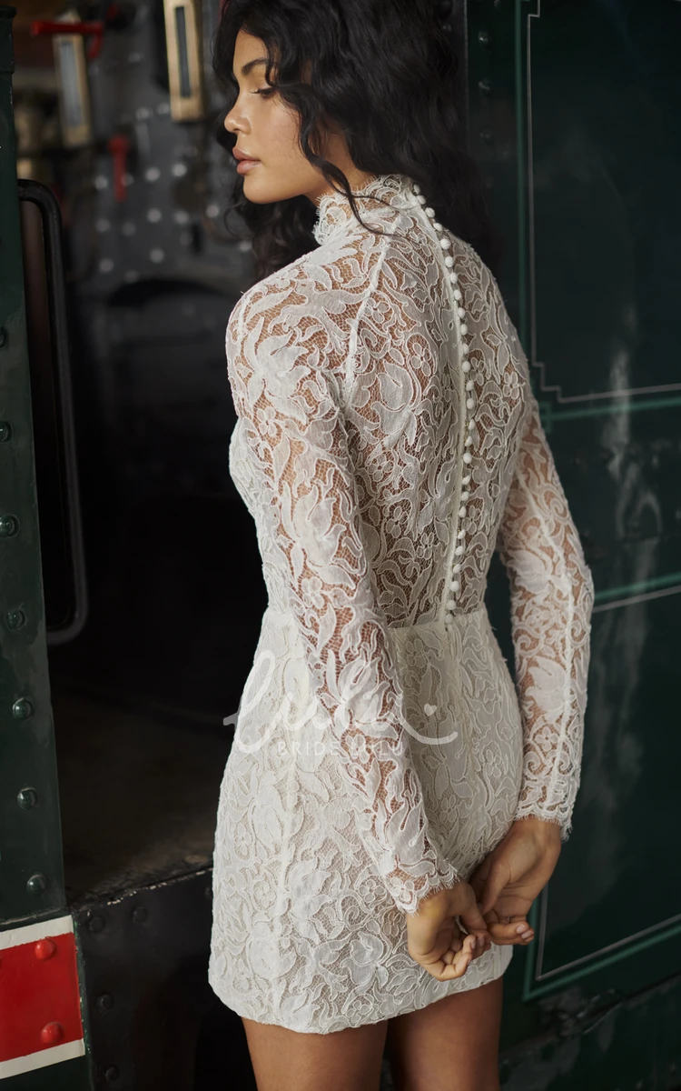 Vintage Sheath Lace Wedding Dress with High Neck and Mini Length Simple Bridal Gown