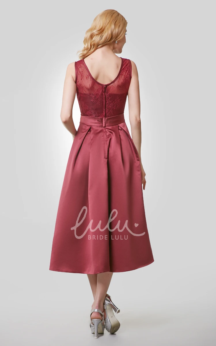 Satin Tea Length Bridesmaid Dress A-Line with Lace Bodice and Scoop Neck