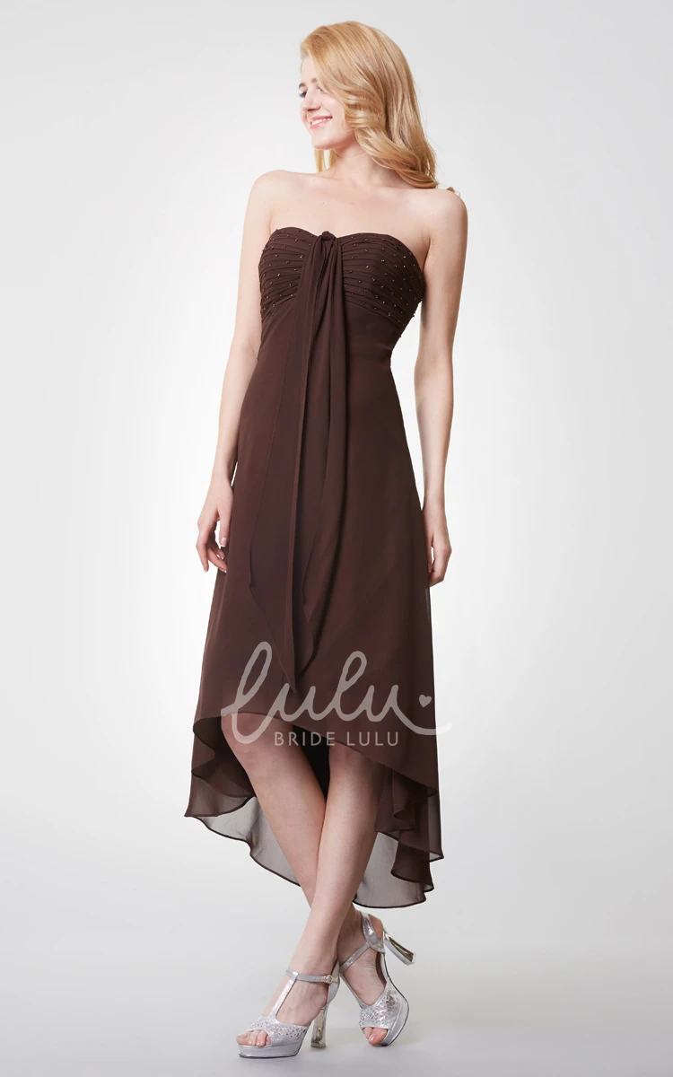 Empire Waist Sleeveless Tea-length Chiffon Dress with Ruching and Shimmering Details